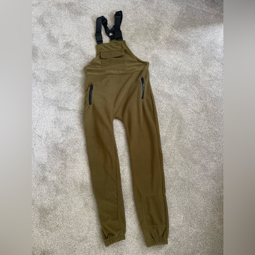 OD green fleece overalls. Never worn. Washed once but didn’t fit me